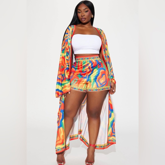 Vibrant Multicolor Satin Kimono Set - Picture 2 of 5